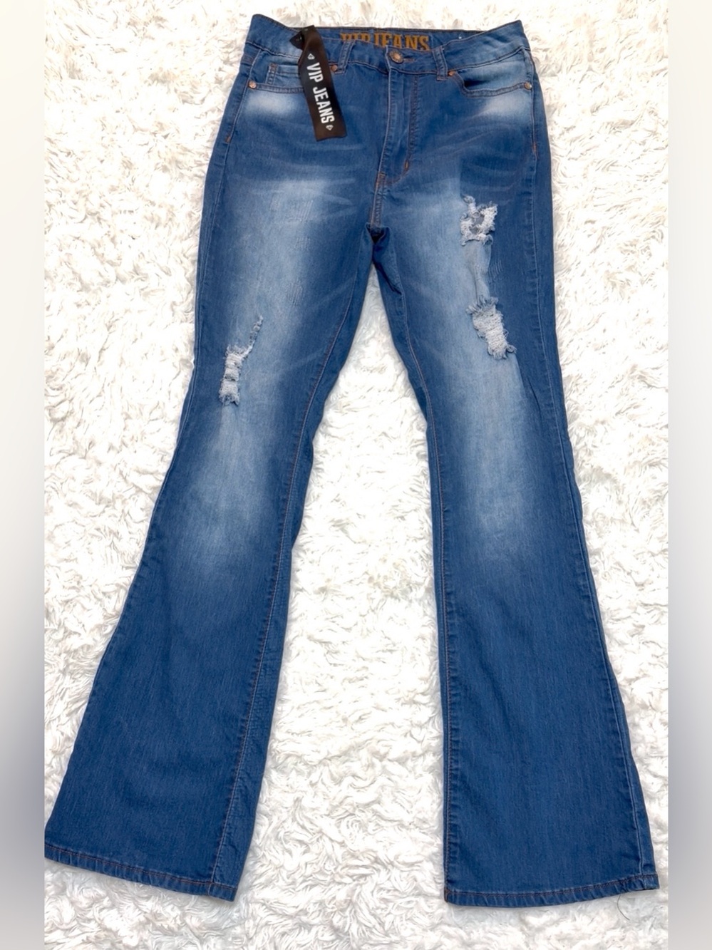 VIP Blue Distressed Flared Jeans. Size 9/10